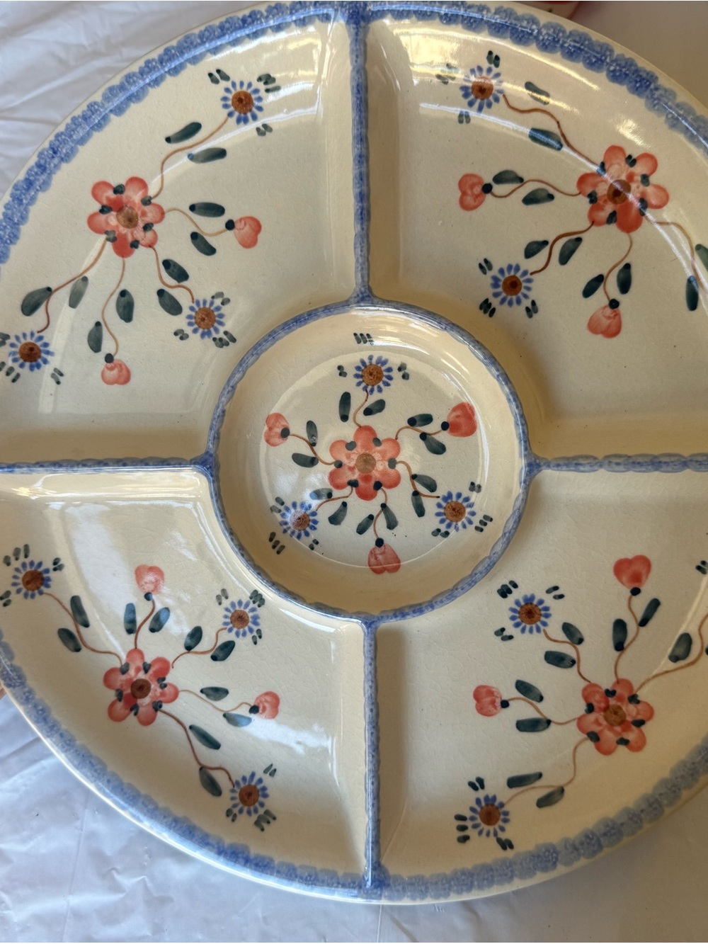 Vintage Polish Pottery Divided Serving Dish Pink And Blue